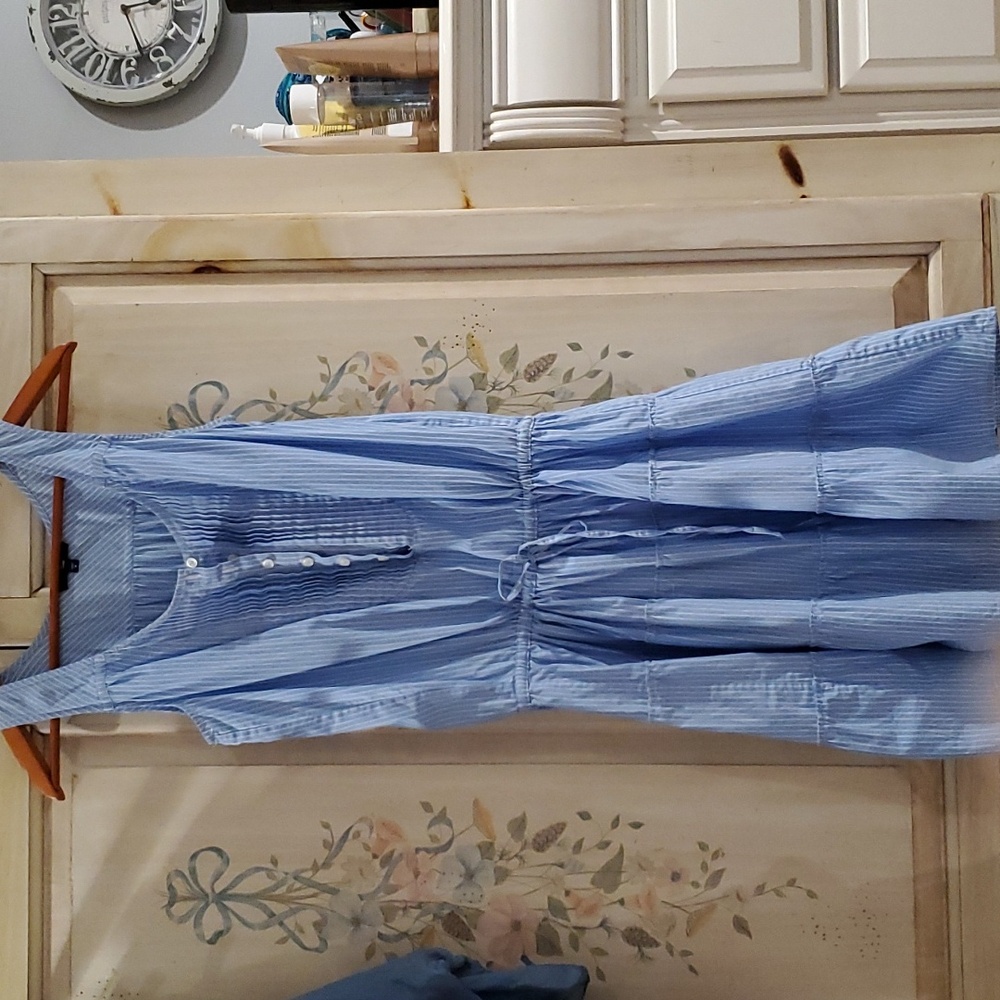NWOT Summer Dress blue white stripe cinch waist button front pintuck 100% cotton
